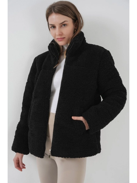 5178 Astarlı Peluş Mont - Siyah