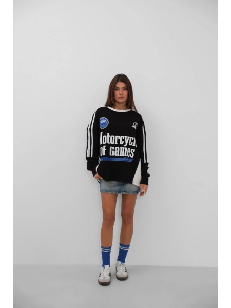 Şerit Detay Baskılı Oversize Sweatshirt