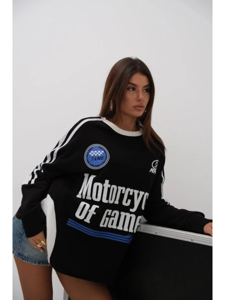 Şerit Detay Baskılı Oversize Sweatshirt