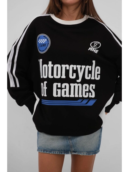Şerit Detay Baskılı Oversize Sweatshirt