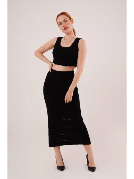 Örme Detaylı Etek Ve Bluz Siyah Takım