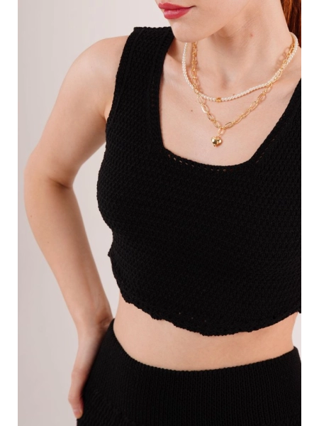 Örme Detaylı Etek Ve Bluz Siyah Takım