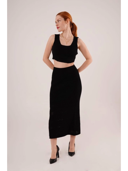 Örme Detaylı Etek Ve Bluz Siyah Takım