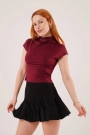 Boğazlı Parlak Kumaş Bordo Crop