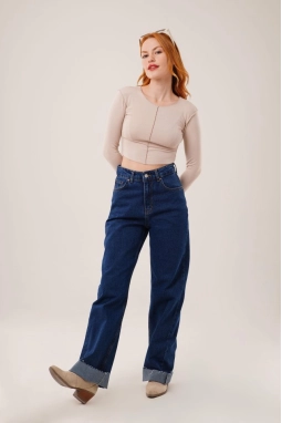 Ters Dikişli Basic Krem Body Bluz