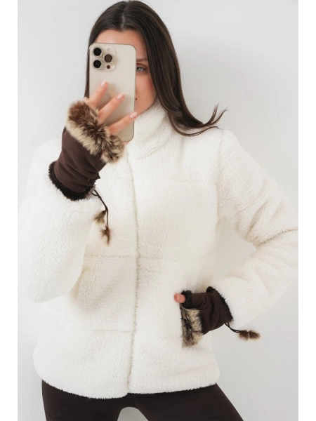 5178 Astarlı Peluş Mont - Beyaz