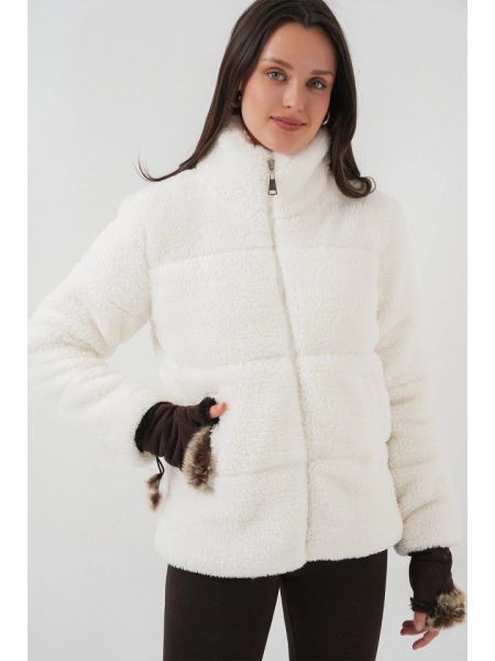 5178 Astarlı Peluş Mont - Beyaz