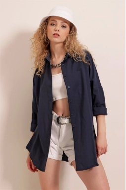 3900 Oversize Uzun Basic Gömlek - Lacivert
