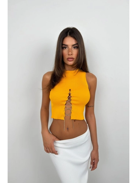 Taş Detay Dekolteli Crop Bluz