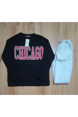 Kadın İçi Polarlı Üç İplik Kumaş Chicago Baskılı İkili Takım
