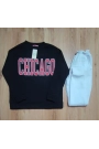 Kadın İçi Polarlı Üç İplik Kumaş Chicago Baskılı İkili Takım