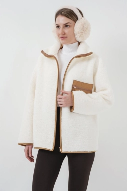55446 Fermuarlı Oversize Peluş Ceket Mont - Camel