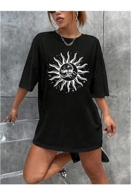 Bisiklet Yaka Baskılı T-shirt - Siyah