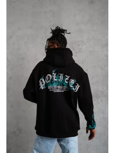 Erkek Üç İplik İçi Pamuklu Alev Baskılı Kapüşonlu Sweatshirt - Siyah