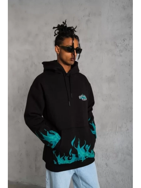 Erkek Üç İplik İçi Pamuklu Alev Baskılı Kapüşonlu Sweatshirt - Siyah