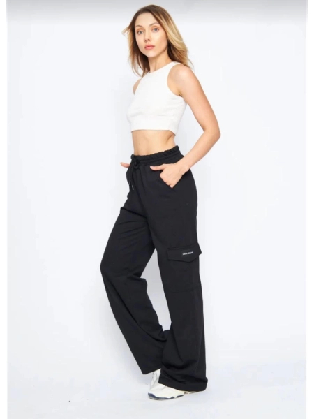 Kargo Cepli Palazzo Oversize Kesim İki Iplik Bol Paça Eşofman Altı Pantalon - Siyah