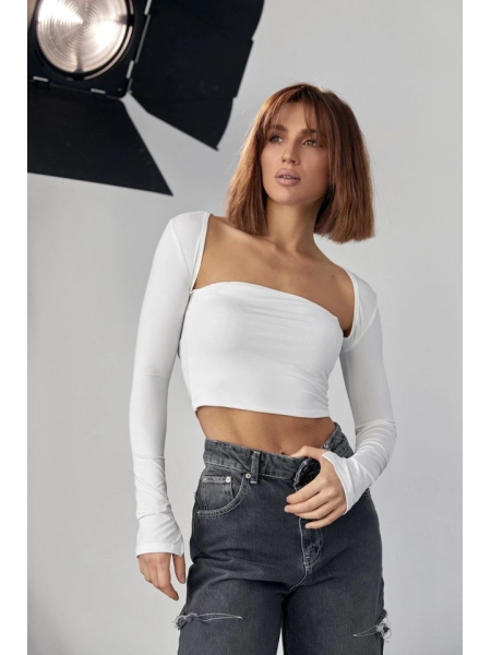 Kara Yaka Uzun Kollu Crop - Beyaz