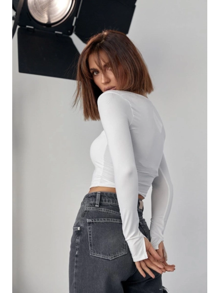 Kara Yaka Uzun Kollu Crop - Beyaz
