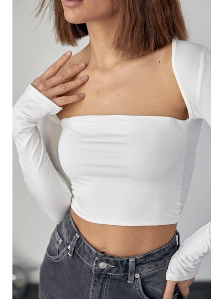 Kara Yaka Uzun Kollu Crop - Beyaz