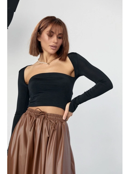 Kara Yaka Uzun Kollu Crop - Siyah