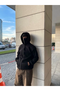 Samuray Kapüşonlu ZIP Fermuarlı Kapüşonlu SweatShirt - Siyah
