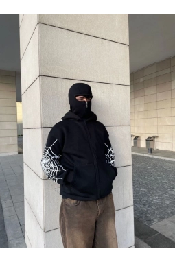 Samuray Kapşonlu ZIP Fermuarlı Kapşonlu SweatShirt - Siyah