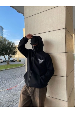 Samuray Kapşonlu ZIP Fermuarlı Kapşonlu SweatShirt - Siyah