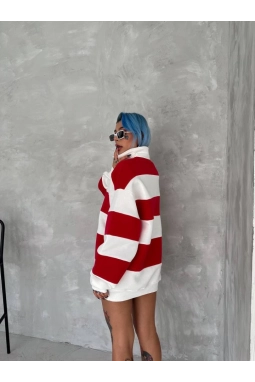 Unisex Üç İplik Parçalı Yakalı SweatShirt - Kırmızı