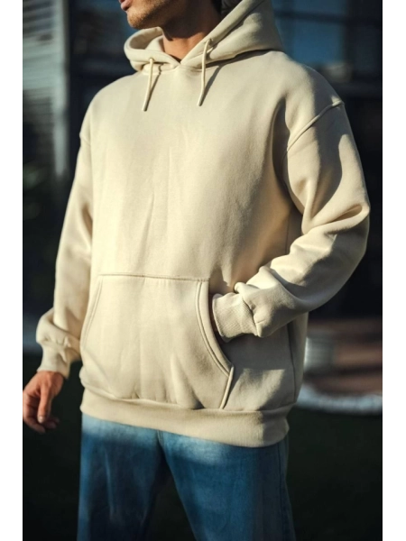 Üç İplik Penye Kapşonlu Basic SweatShirt - Bej