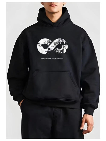10 Kasıma Özel Üç İplik Kapşonlu Baskılı SweatShirt - Siyah