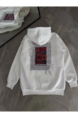 Uzun Kol Kapşonlu Ön Ve Arka Baskılı SweatShirt - Beyaz