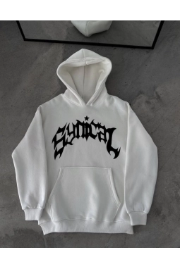 Kışlık Kapşonlu Baskılı Oversize SweatShirt- Beyaz