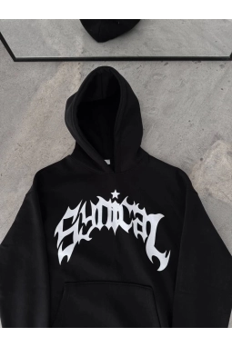 Üç İplik Kapşonlu Baskılı Oversize SweatShirt- Siyah