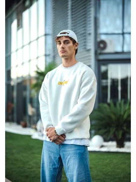 Kışlık Bisiklet Yaka Baskılı SweatShirt - Beyaz
