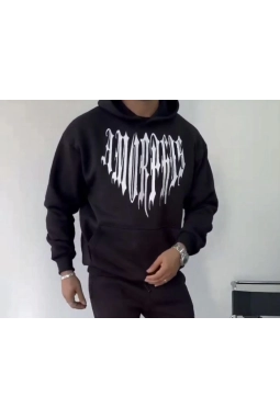 Uzun Kol Kapşonlu Baskılı SweatShirt - Siyah