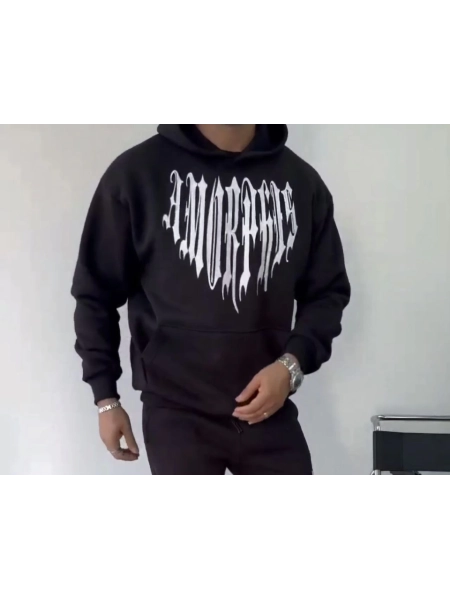 Uzun Kol Kapşonlu Baskılı SweatShirt - Siyah