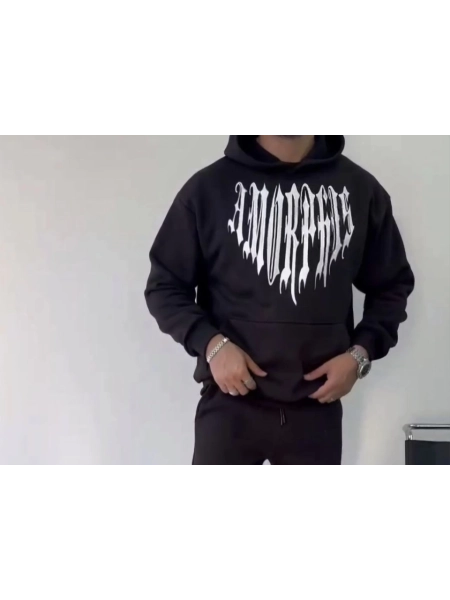 Uzun Kol Kapşonlu Baskılı SweatShirt - Siyah