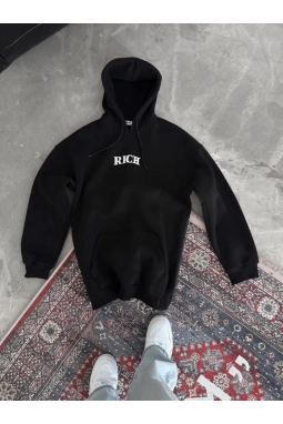 Uzun Kol Kapşonlu Göğüs Baskılı SweatShirt - Siyah