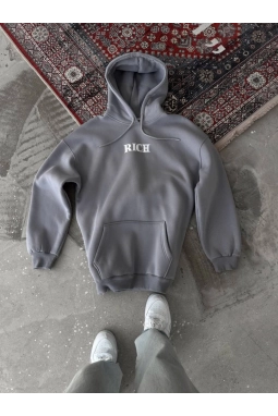 Uzun Kol Kapşonlu Göğüs Baskılı SweatShirt - Gri