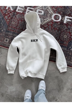Uzun Kol Kapşonlu Göğüs Baskılı SweatShirt - Beyaz