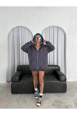 Oversize Tam Fermuarlı Uzun Kol Hırka - Füme