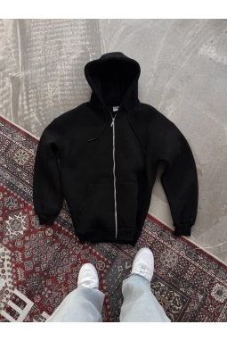 Oversize Tam Fermuarlı Uzun Kol Hırka - Siyah
