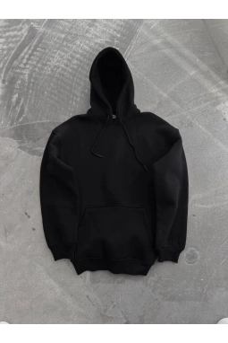 Kapşonlu Üç İplik Penye Basic SweatShirt - Siyah