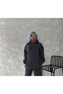 Kapşonlu Üç İplik Penye Basic SweatShirt - Füme