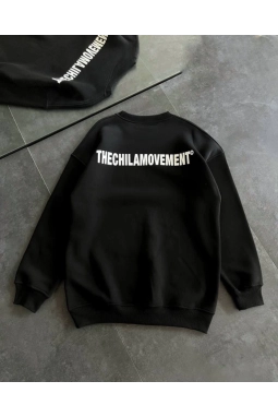 Kışlık Bisiklet Yaka Oversize Baskılı SweatShirt - Siyah