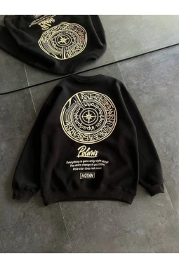 Kışlık Bisiklet Yaka Ön Ve Arka Baskılı SweatShirt - Siyah