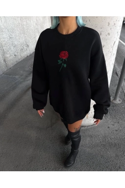Oversize Üç İplik Bisiklet Yaka Baskılı SweatShirt - Siyah