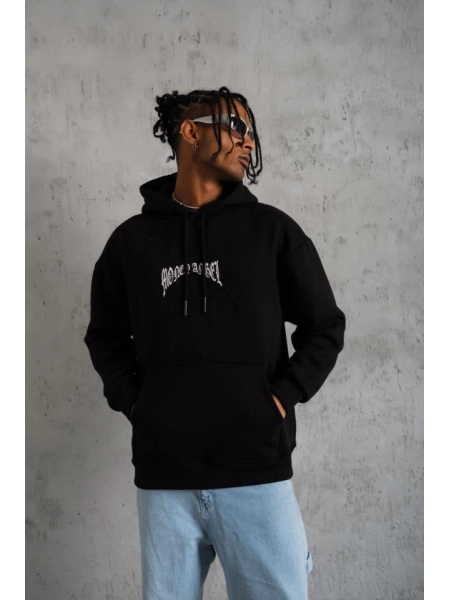 Erkek Kordon İpli Baskılı Kapüşonlu Sweatshirt - Siyah