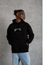 Erkek Kordon İpli Baskılı Kapüşonlu Sweatshirt - Siyah