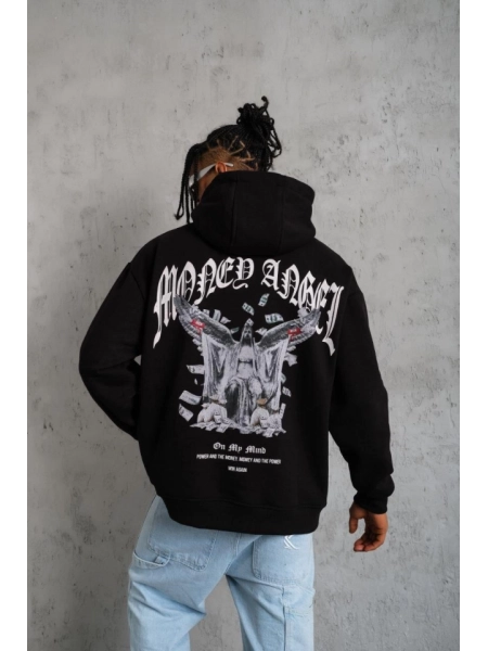 Erkek Kordon İpli Baskılı Kapüşonlu Sweatshirt - Siyah